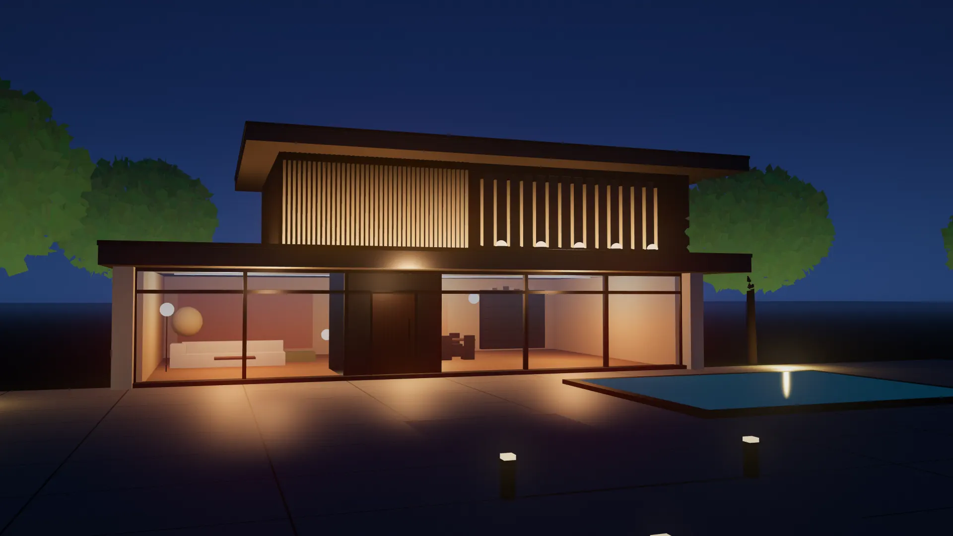 Casa contemporânea ao entardecer, com a porta de entrada iluminada: representação conceitual de arquitetura.