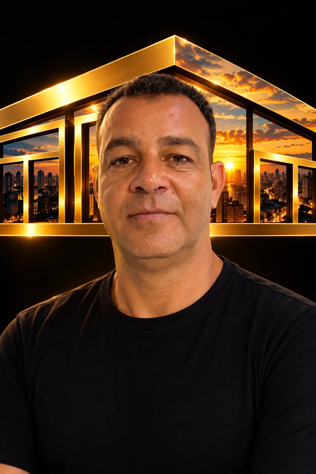 Retrato de Adilson Fischer, sócio e corretor da Magnífico Imóveis, com a arte dourada da casa ao fundo