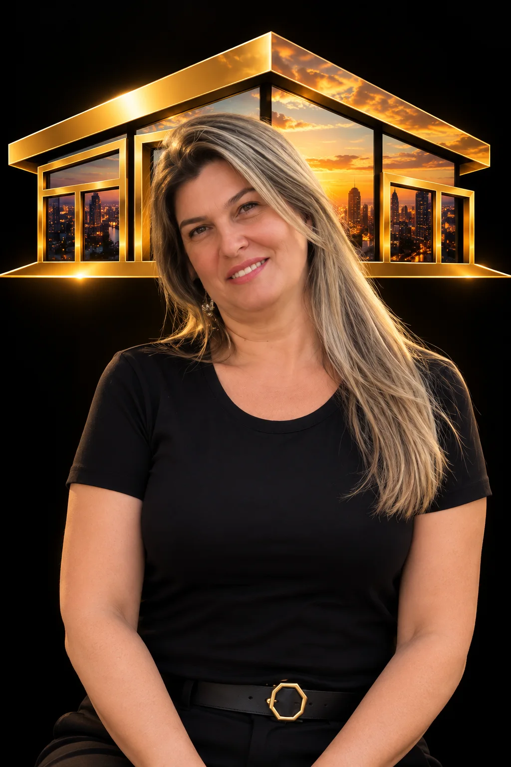 Retrato de Cleo Prado, corretora e coordenadora da Magnífico Imóveis, com atuação em São Caetano do Sul e São Paulo, com a arte dourada da casa ao fundo