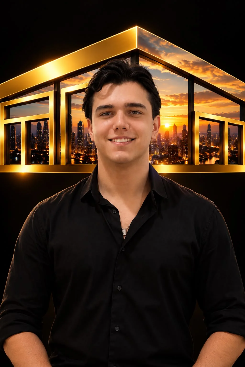 Retrato de Gabriel Tamais Fischer, responsável por Tecnologia e Marketing da Magnífico Imóveis, com a arte dourada da casa ao fundo