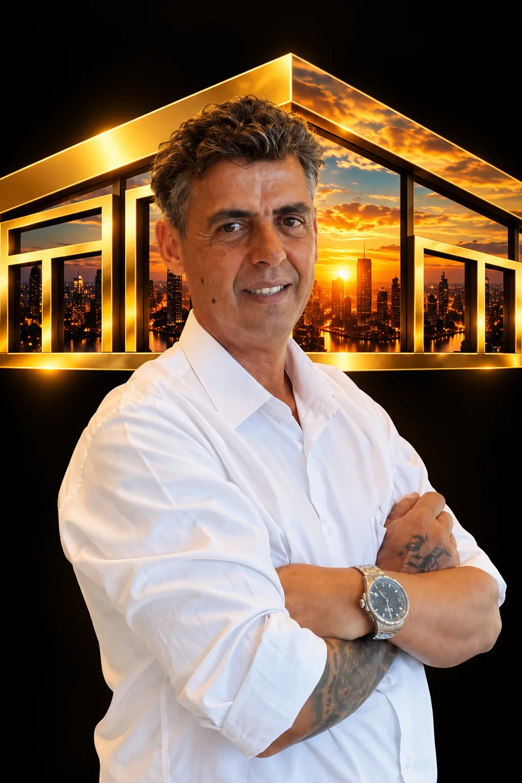 Retrato de Leonardo Peres, corretor da Magnífico Imóveis, com a arte dourada da casa ao fundo